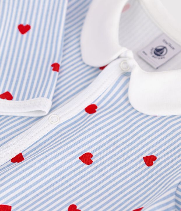Babies' heart-print cotton pyjama suit with a collar white/multicolor