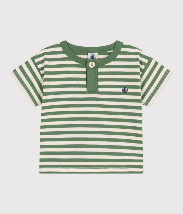 Babies' short-sleeved stripy cotton T-shirt green/ecru
