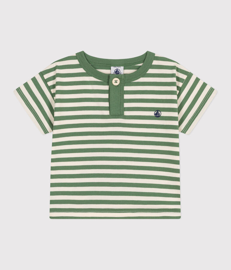 Babies' short-sleeved stripy cotton T-shirt green/ecru
