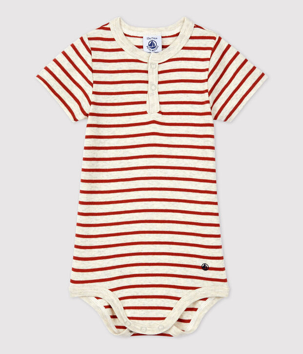 Babies' Striped Organic Cotton Bodysuit With Henley Neck beige/brown