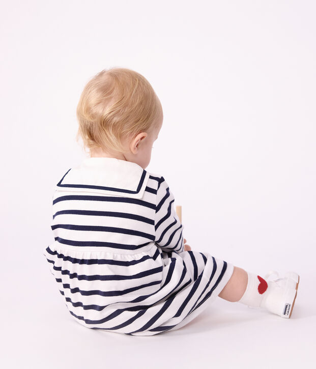 Babies' cotton dress with long sleeves and Breton stripes white/blue