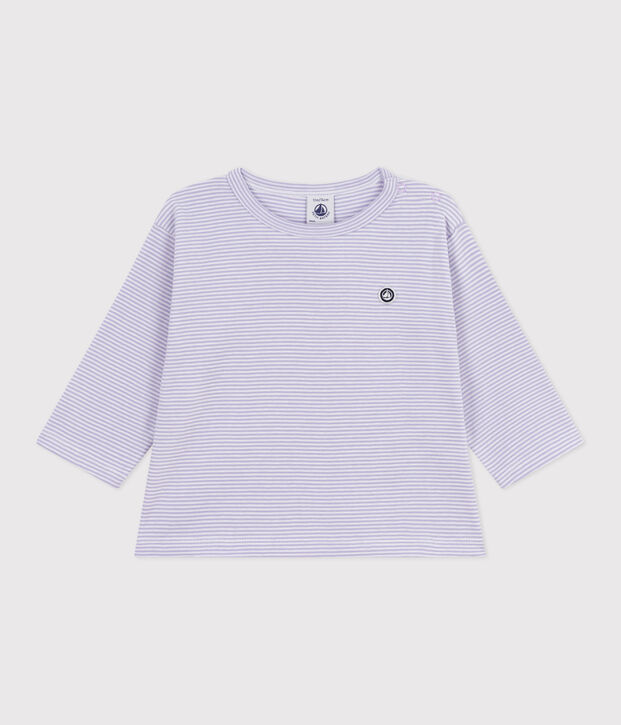 Babies' long-sleeved stripy cotton T-Shirt purple/white