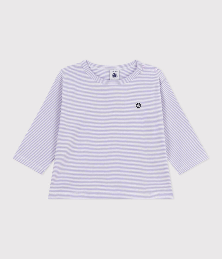 Babies' long-sleeved stripy cotton T-Shirt purple/white
