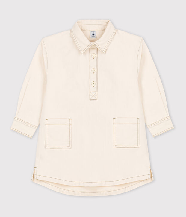 Girls' Long-Sleeved Denim Dress Ecru