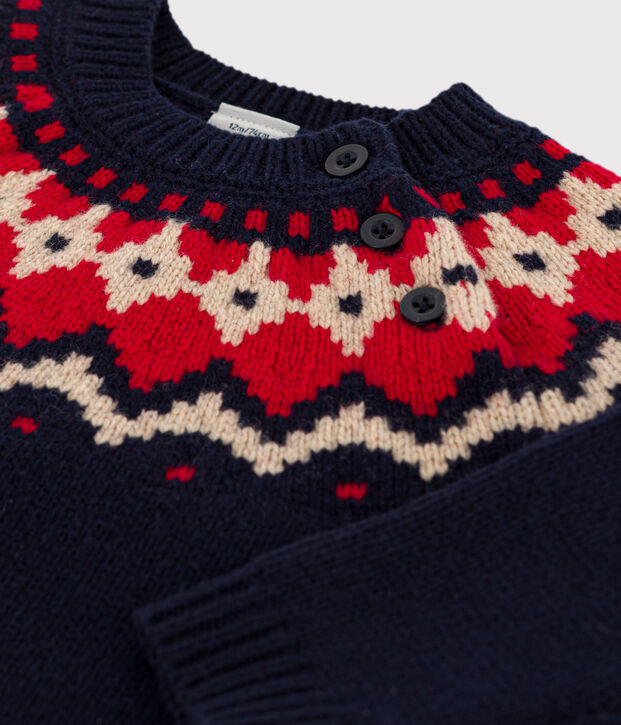 Babies' Wool/Cotton Jacquard Knitted Pullover blue/multicolor