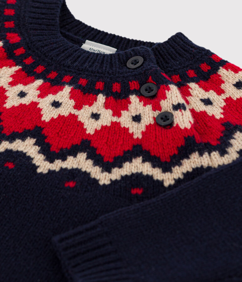 Babies' Wool/Cotton Jacquard Knitted Pullover blue/multicolor