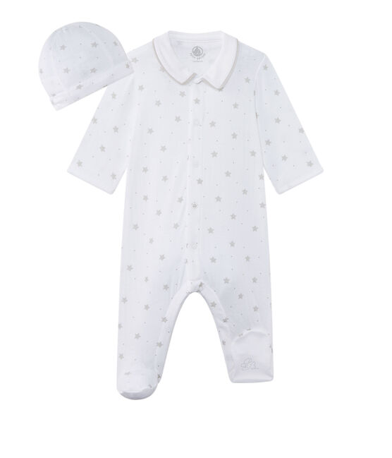 Baby's unisex sleepsuit and its newborn hat ECUME white/SHITAKE brown