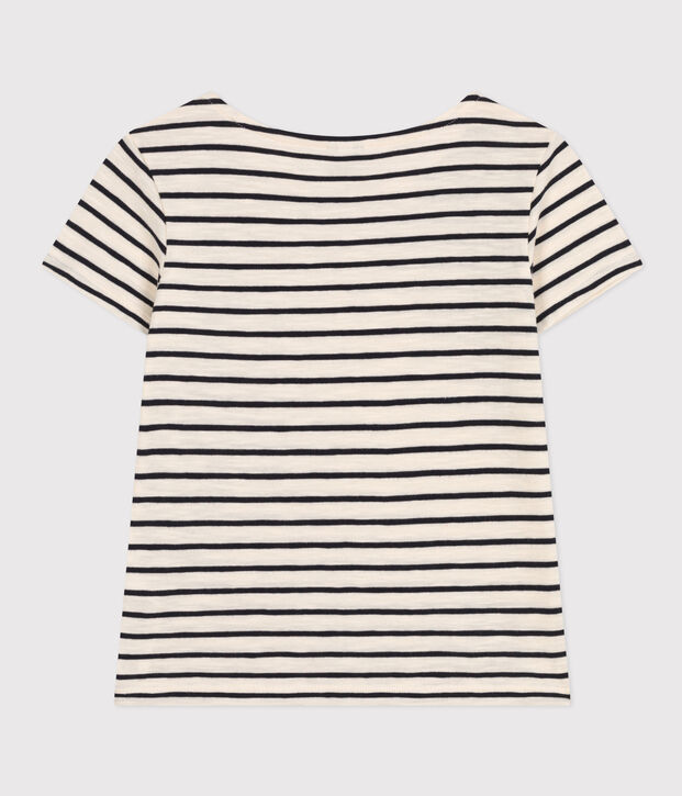 Girls' Stripy Slub Jersey T-shirt Ecru/blue