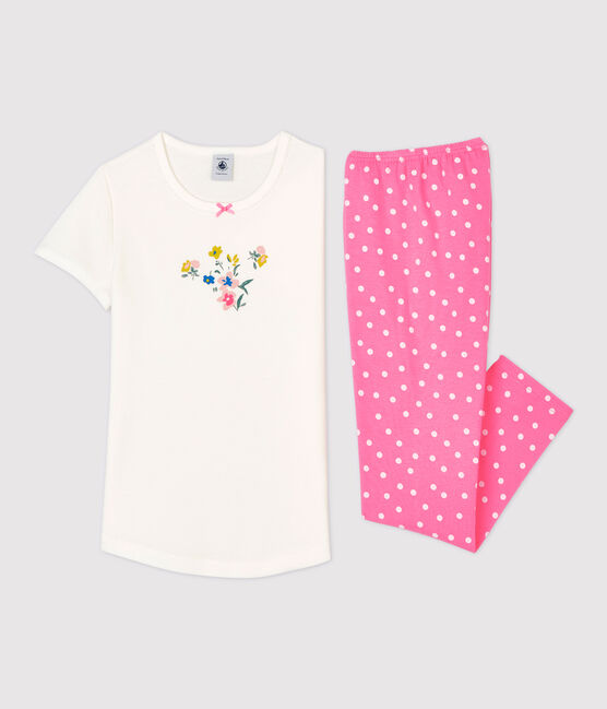 Girls' Short-Sleeved Cotton Pyjamas PETAL pink/MARSHMALLOW white