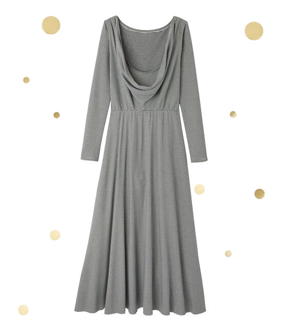 Robe longue femme à manches longues. Petit bateau x Marie-Agnès Gillot SMOKING blue/COQUILLE beige