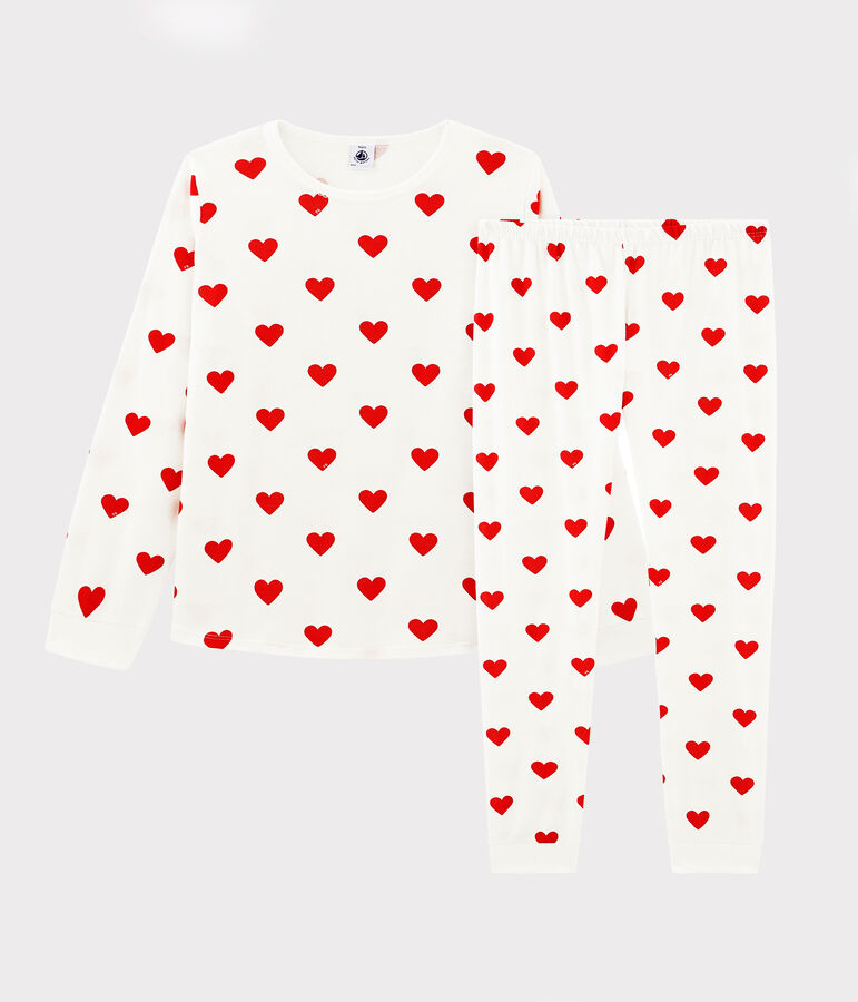 Children's hearts print ribbed pyjamas MARSHMALLOW white/TERKUIT red