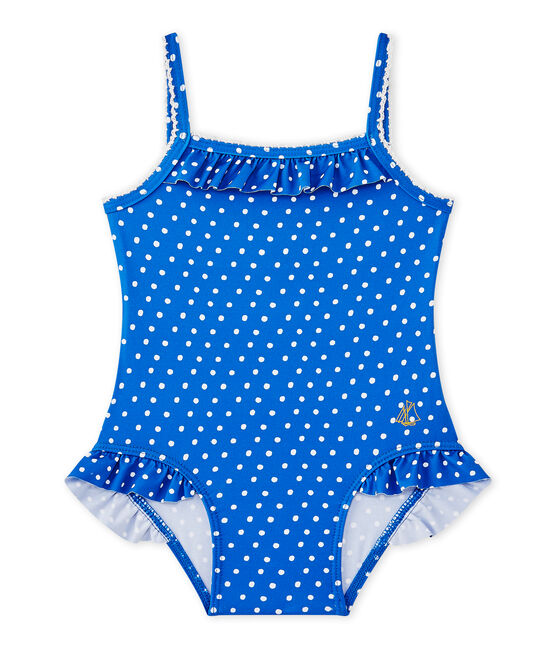 Baby girl's polka dot swimsuit PERSE blue/MARSHMALLOW white