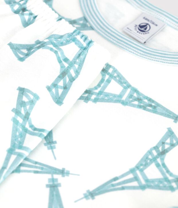 Children's short-sleeved long-leg Eiffel Tower pattern cotton pyjamas white/multicolor