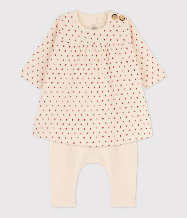 Babies' Patterned Cotton Tube Knit Dress with Leggings Ecru/multicolor