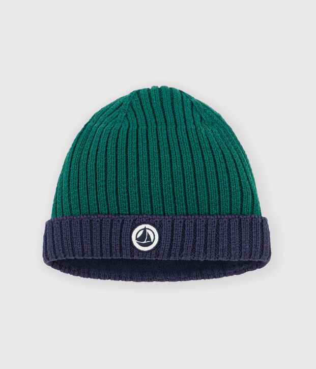 Babies' two-colour knitted beanie with a fleece lining green/blue