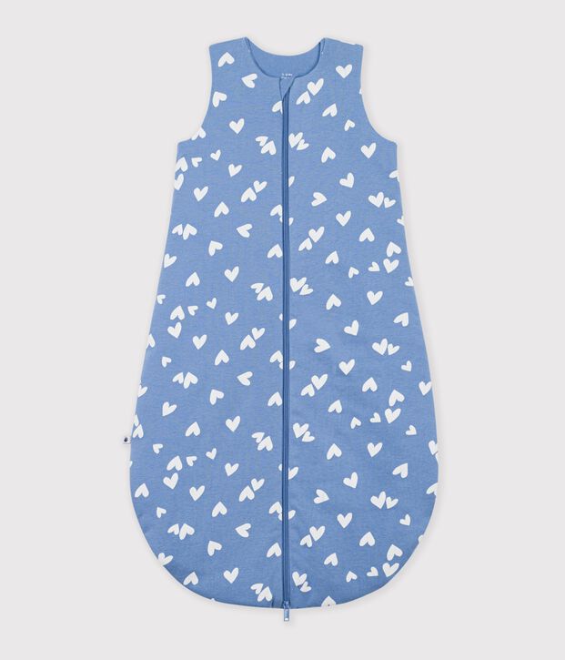 Babies' 2.5 TOG cotton sleeping bag printed with hearts blue/white