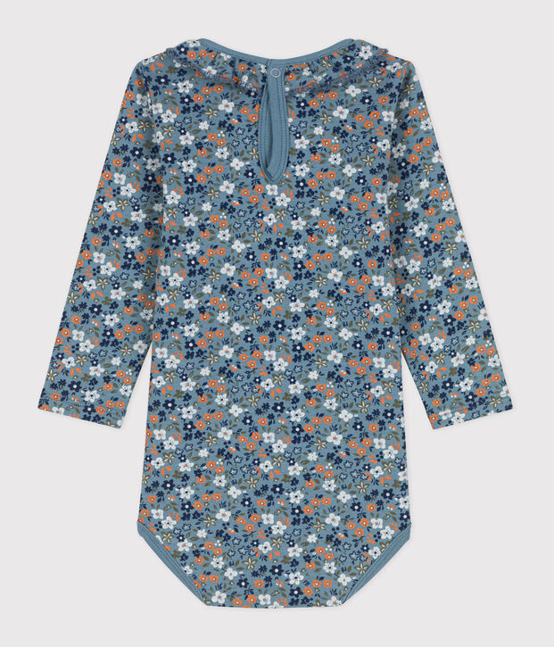 Babies' Long-Sleeved Floral Cotton Bodysuit With Ruff Collar blue/multicolor