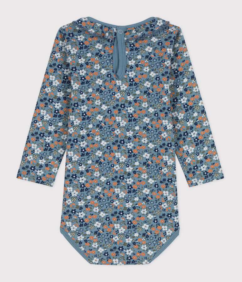 Babies' Long-Sleeved Floral Cotton Bodysuit With Ruff Collar blue/multicolor