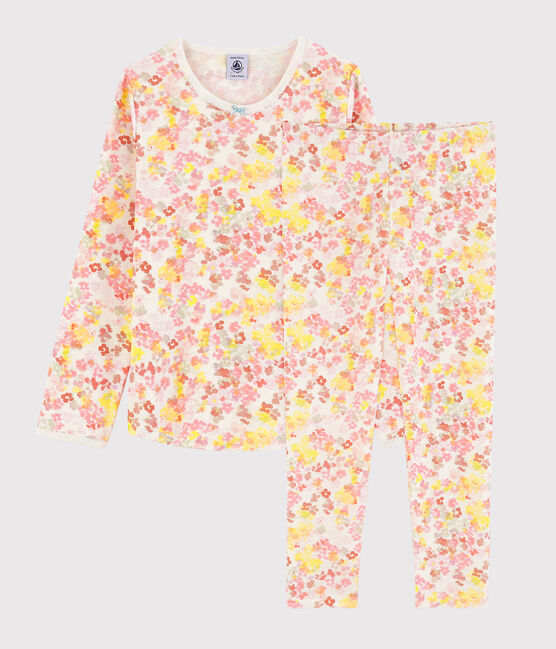 Girls' Watercolour Flowers Cotton Pyjamas MARSHMALLOW white/MULTICO white