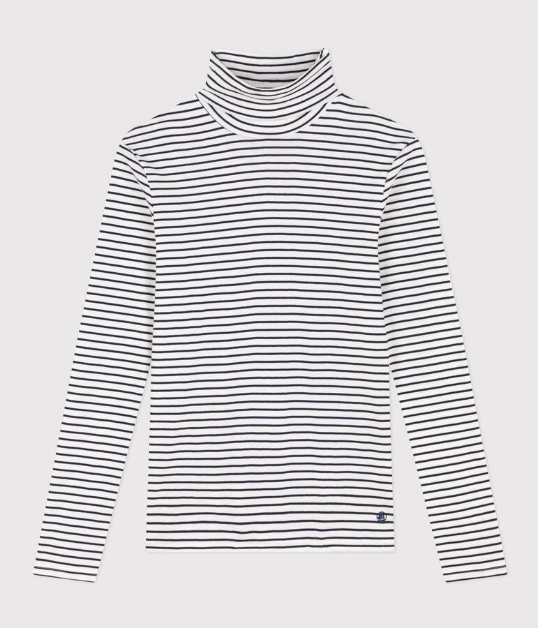 Women's ICONIC cotton polo neck T-shirt MARSHMALLOW white/SMOKING blue