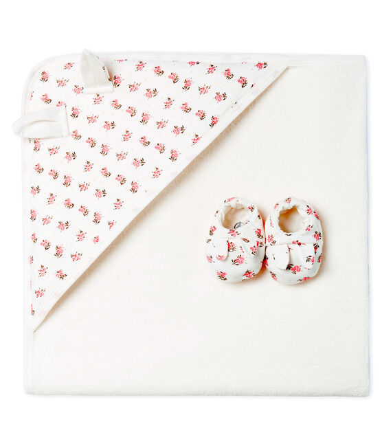 Unisex Babies' Square Bath Towel and Bootees in Terry and Rib Knit MARSHMALLOW white/GRETEL pink/MULTICO
