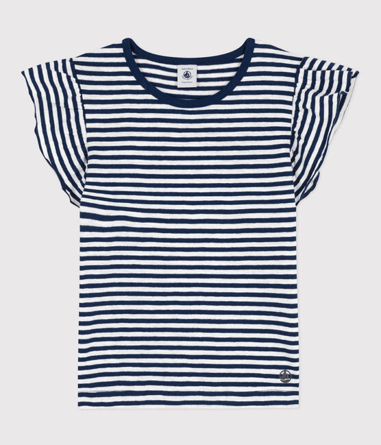 Girls' Striped Cotton T-Shirt MEDIEVAL blue/MARSHMALLOW white