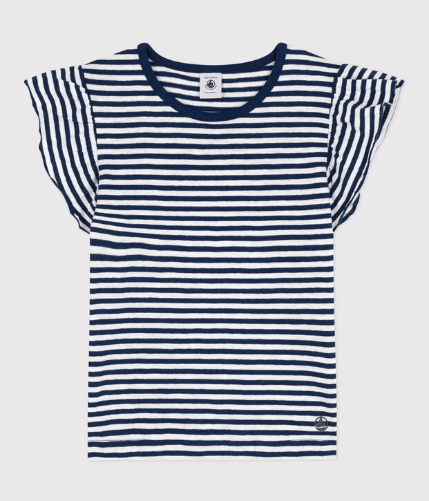 Girls' Striped Cotton T-Shirt blue/white