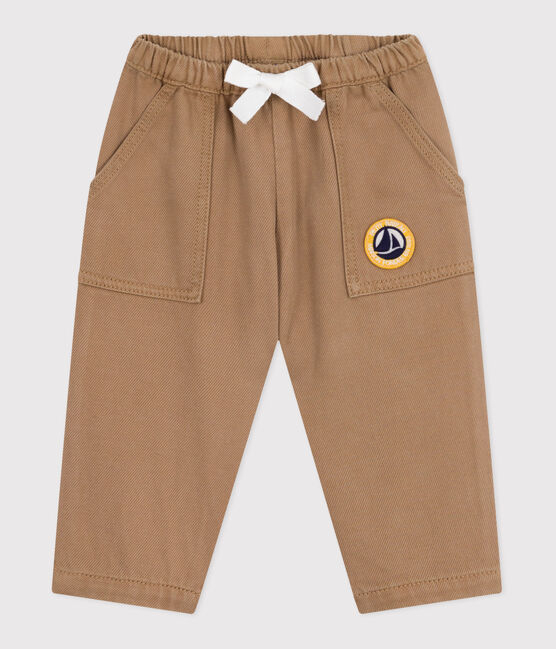 Babies' trousers in plain cotton with a badge, cargo style ROCHE CLAIR beige