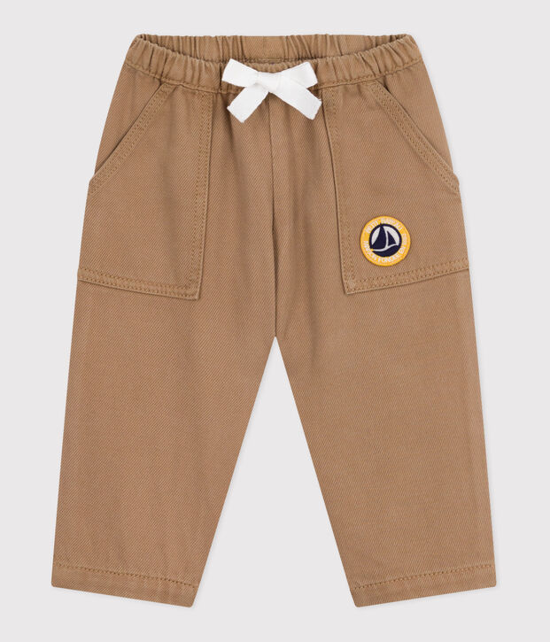 Babies' trousers in plain cotton with a badge, cargo style beige