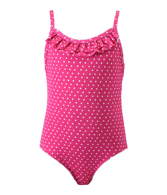Girl's one-piece polka dot swimsuit PETUNIA pink/MARSHMALLO white