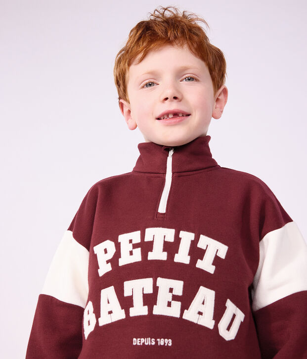 Children's plain colourblock shawl collared cotton sweatshirt red/ecru