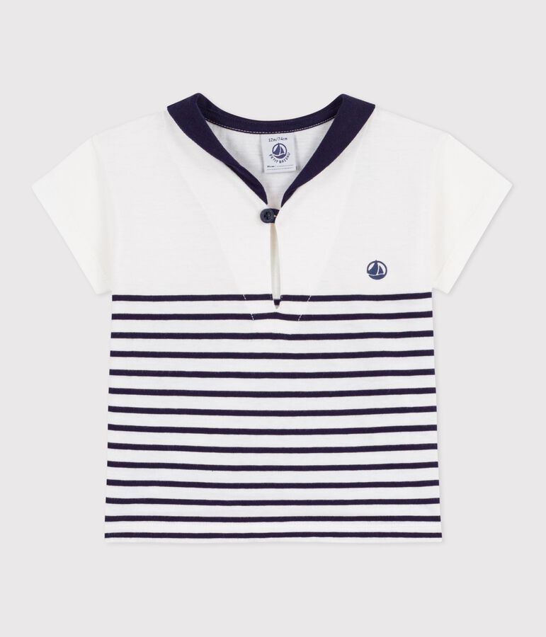 Babies' short sleeved cotton T-shirt with Breton stripes MARSHMALLOW blue/SOIR