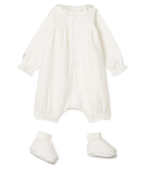 Set of Jumpsuit and Bootees in Easy-Wash Fabric MARSHMALLOW white