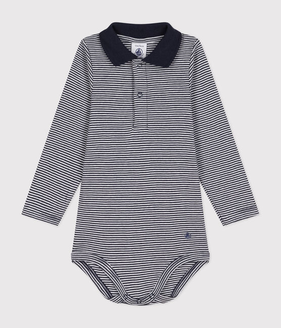 Babies' Long-Sleeved Stripy Cotton Bodysuit With Collar SMOKING blue/MARSHMALLOW white