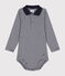 Babies' Long-Sleeved Stripy Cotton Bodysuit With Collar SMOKING blue/MARSHMALLOW white