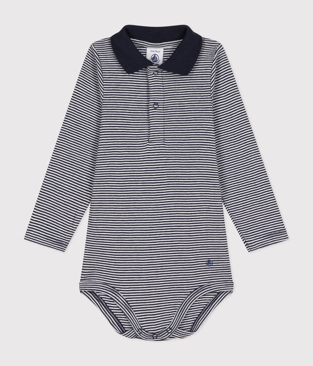 Babies' stripy cotton body with a polo shirt collar blue/white