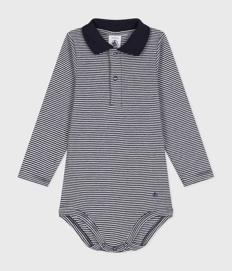 Babies' stripy cotton body with a polo shirt collar SMOKING blue/MARSHMALLOW white
