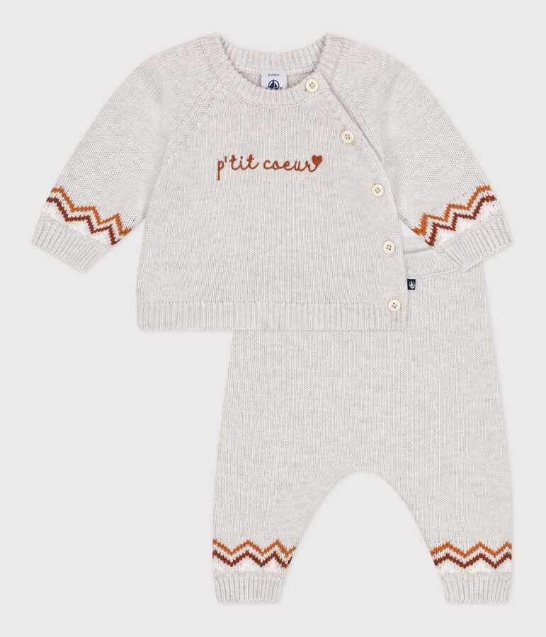 Babies' two-piece knitted outfit with a &lsquo;P'tit C&oelig;ur&rsquo; print beige/multicolor
