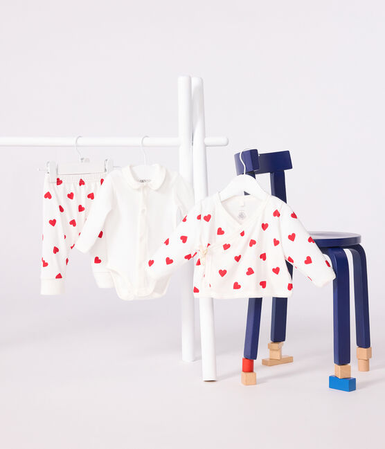 Babies' three piece heart print cotton wrapover top set MARSHMALLOW white/TERKUIT red
