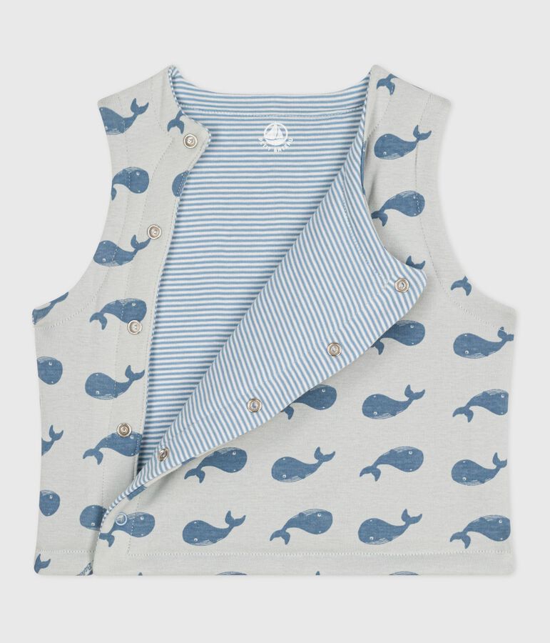 Babies' sleeveless reversible whale-print cotton cardigan blue/blue