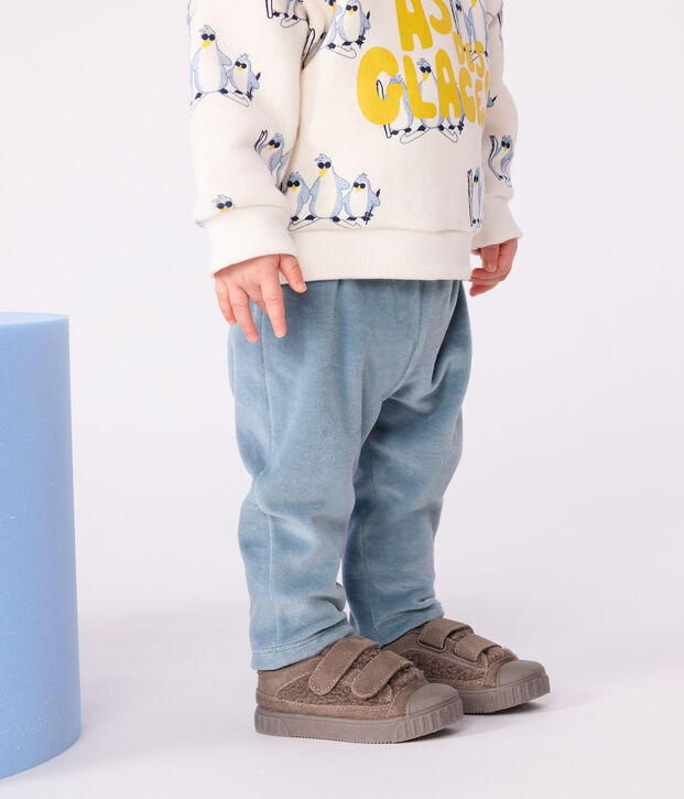 Babies' trousers in plain terry velour blue