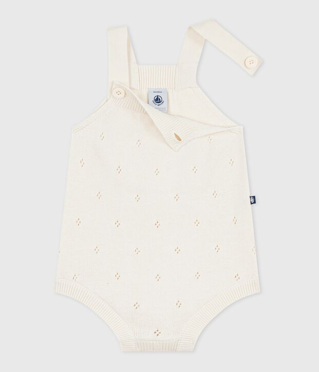 Babies' short openwork knit cotton playsuit MILK