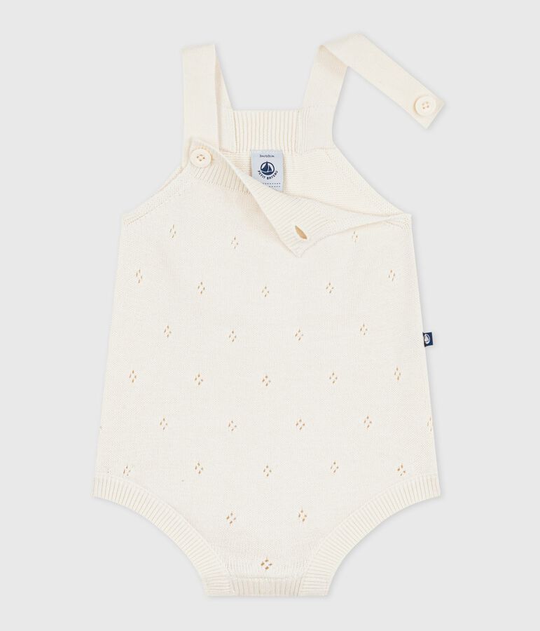 Babies' short openwork knit cotton playsuit Ecru