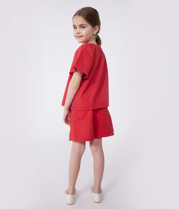 Children's short-sleeved cotton blouse with a floral pattern red