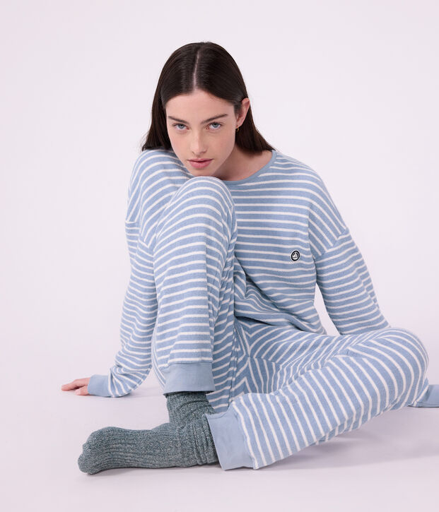 Women's stripy cotton terry pyjamas blue/ecru