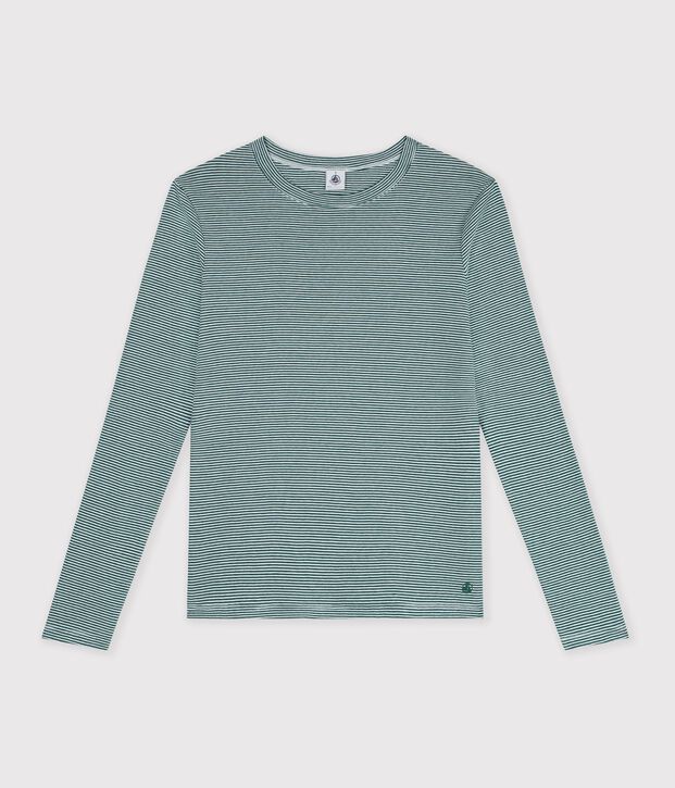 Women's long-sleeved stripy cotton T-shirt green/white