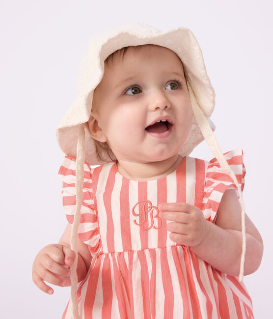 Baby girls' wide brimmed floppy sun hat in poplin and broderie anglaise MARSHMALLOW white