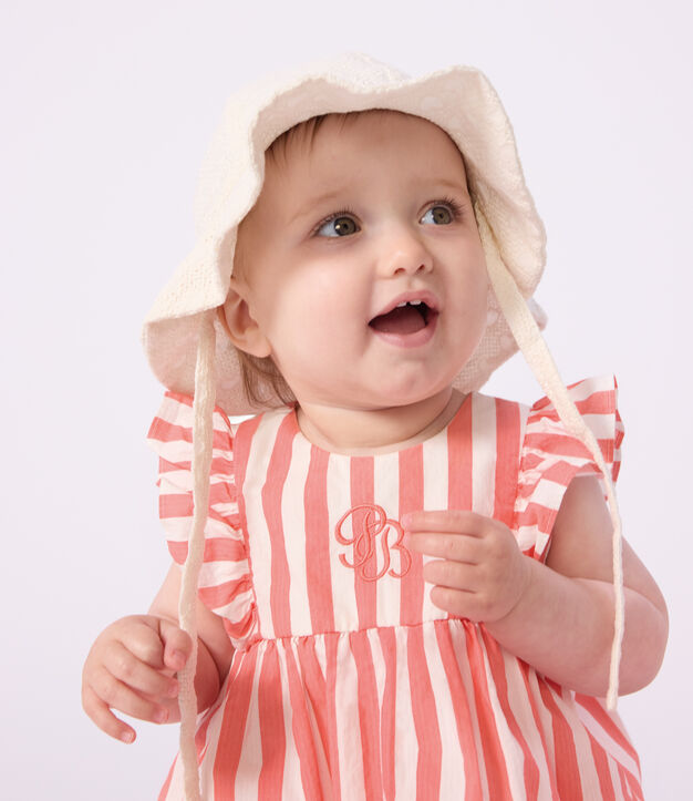 Baby girls' wide brimmed floppy sun hat in poplin and broderie anglaise white