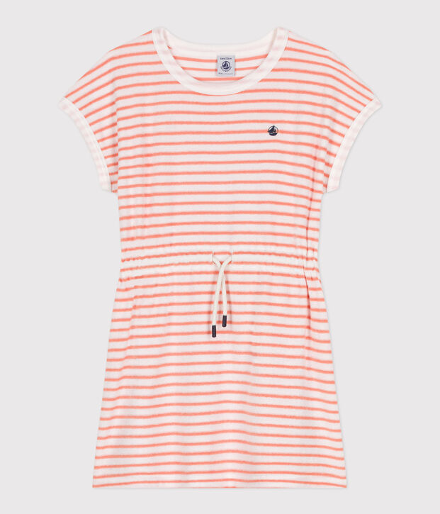 Children's short-sleeved stripy cotton towelling dress orange/orange