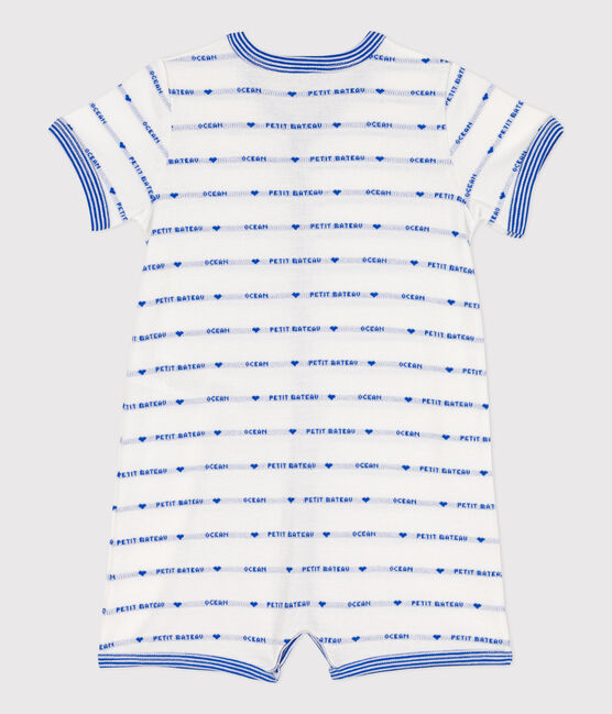 Babies' Cotton Patterned Knit Playsuit MARSHMALLOW white/PERSE blue